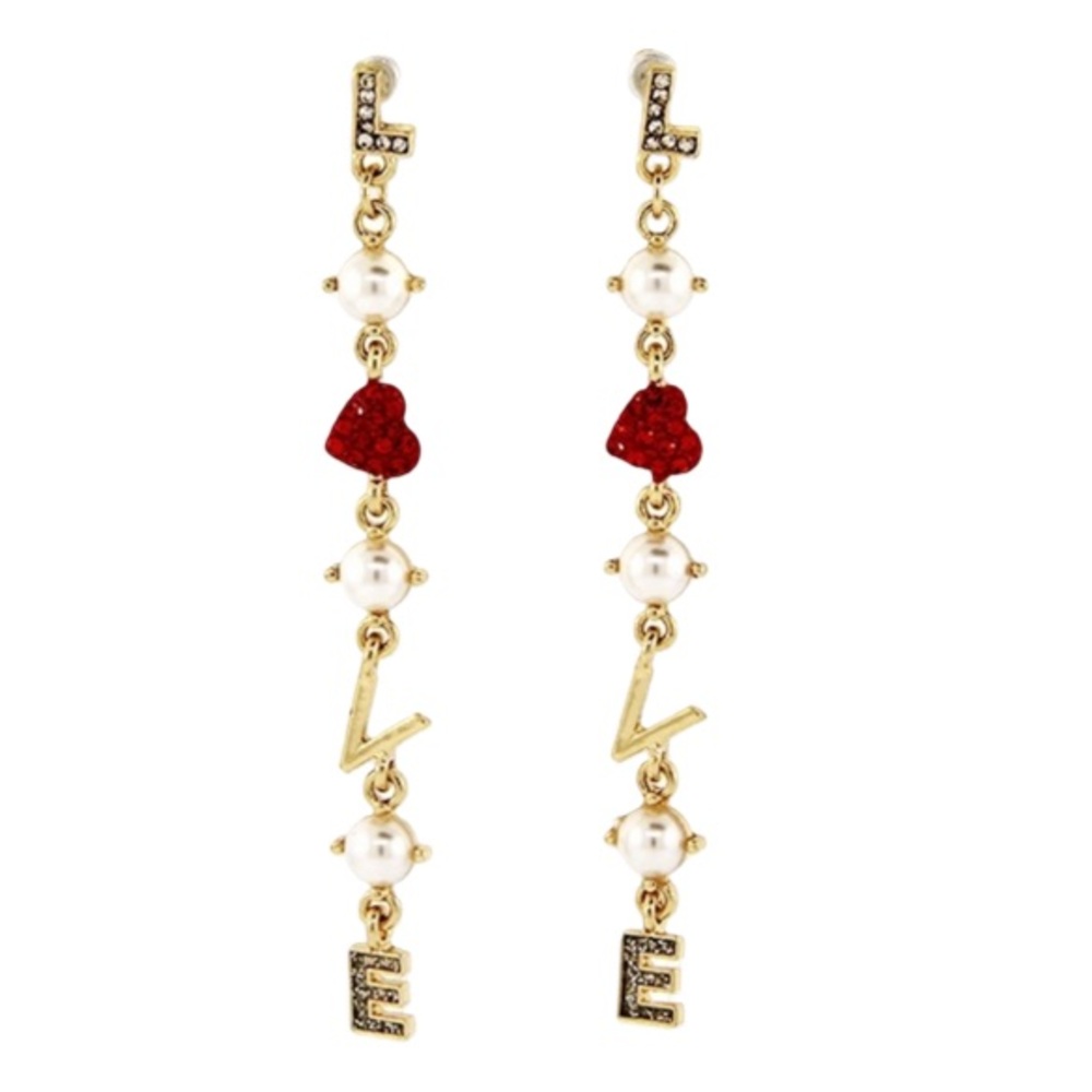 NWT Chic Gold and Red Crystal & Pearl LOVE Heart Drop Earrings
